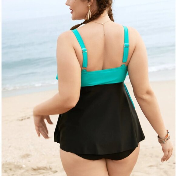 Bloomchic Plus size  Colorblock Contrast Ruffle Layered Hem Tankini Top - Picture 2 of 3